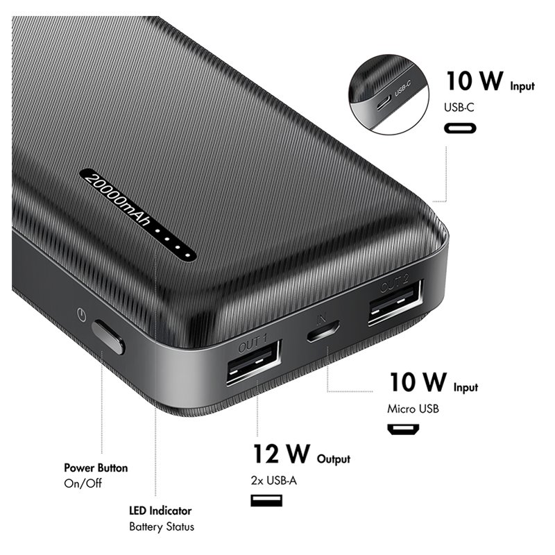 LogiLink powerbank, wit, USB-A en USB-C aansluitingen