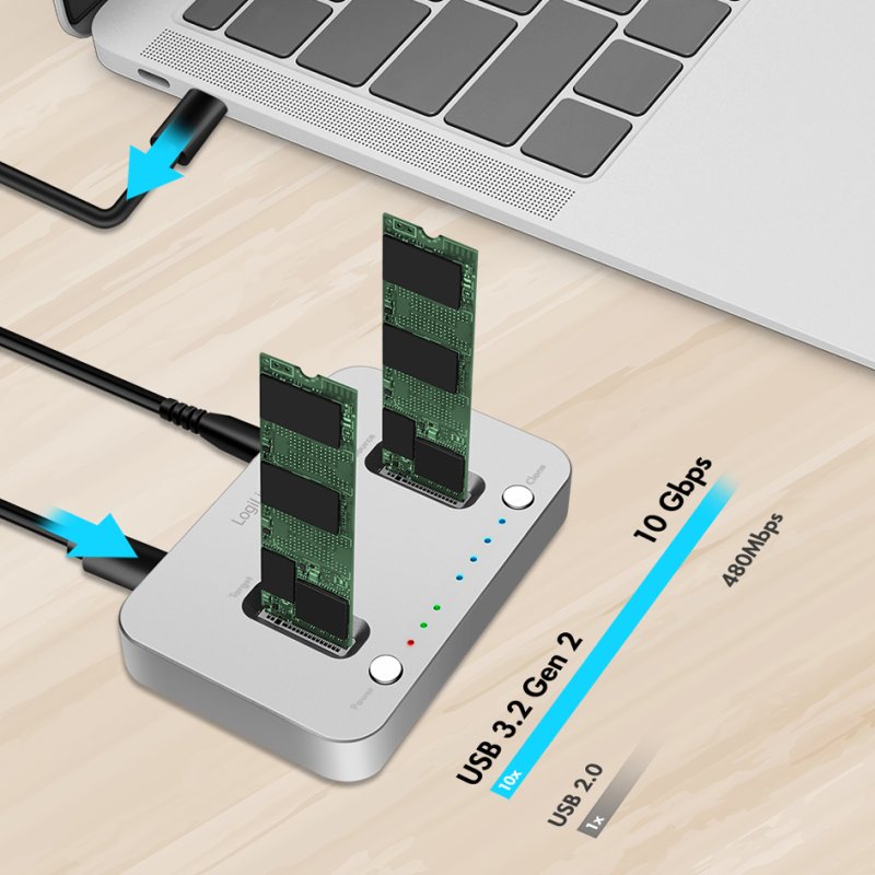 LogiLink Station d'accueil SSD avec fonction de clonage hors ligne, USB-C, 10 Gbit/s, aluminium argent