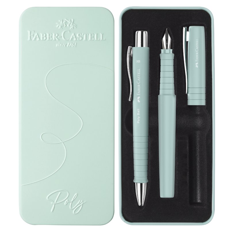 Faber-Castell ensemble d'écriture POLY BALL/PEN, caribic blue, stylo plume et stylo à bille, étui métallique