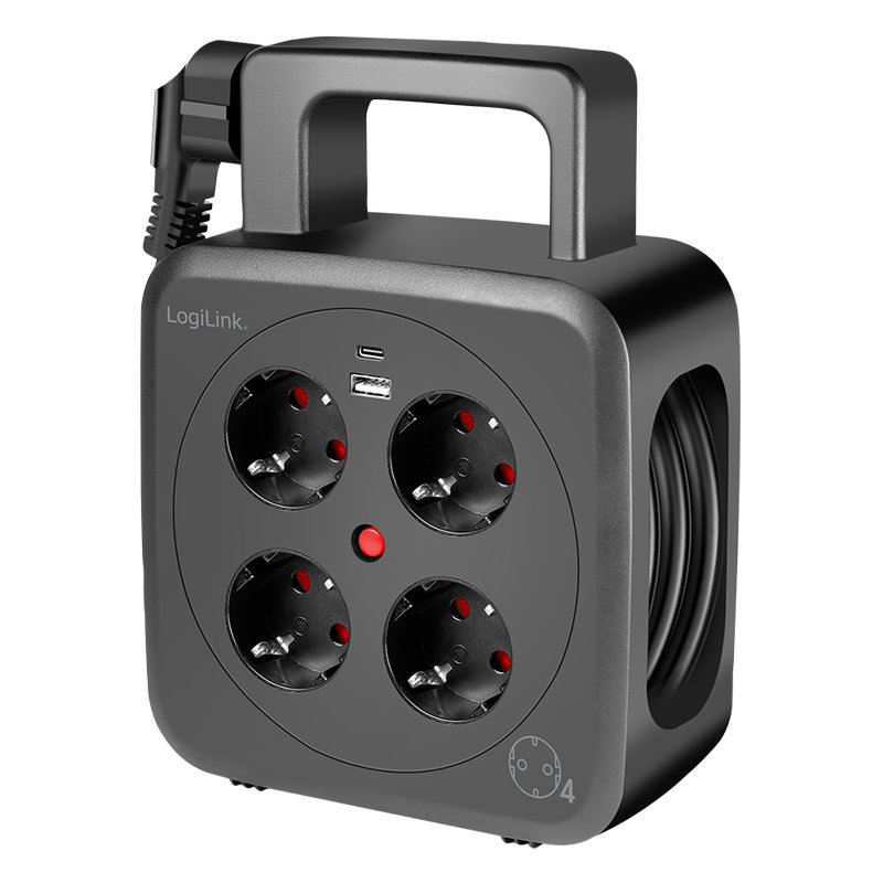 LogiLink cable reel, 4 sockets + 2 USB, 5 m, black