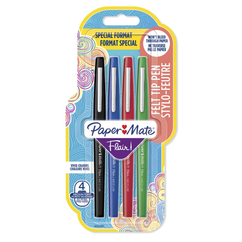 Paper Mate Flair stylos-feutres, 1,0 mm, 4 pièces, couleurs joyeuses