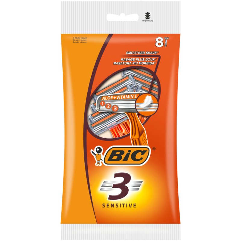 Bic wegwerpscheermesjes 3 Sensitive, gevoelige huid, mannen, 8 stuks
