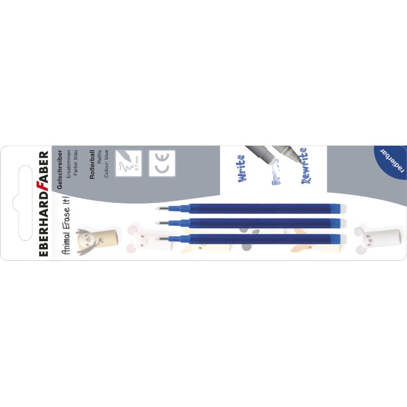 EBERHARD FABER recharges stylos Animal Erase it!, effaçable, bleu, 3 pièces