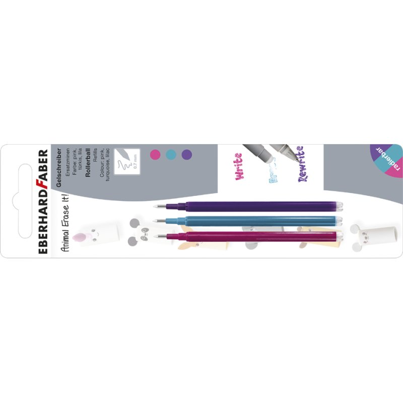 EBERHARD FABER recharges stylos Animal Erase it!, effaçable, bleu, 3 pièces