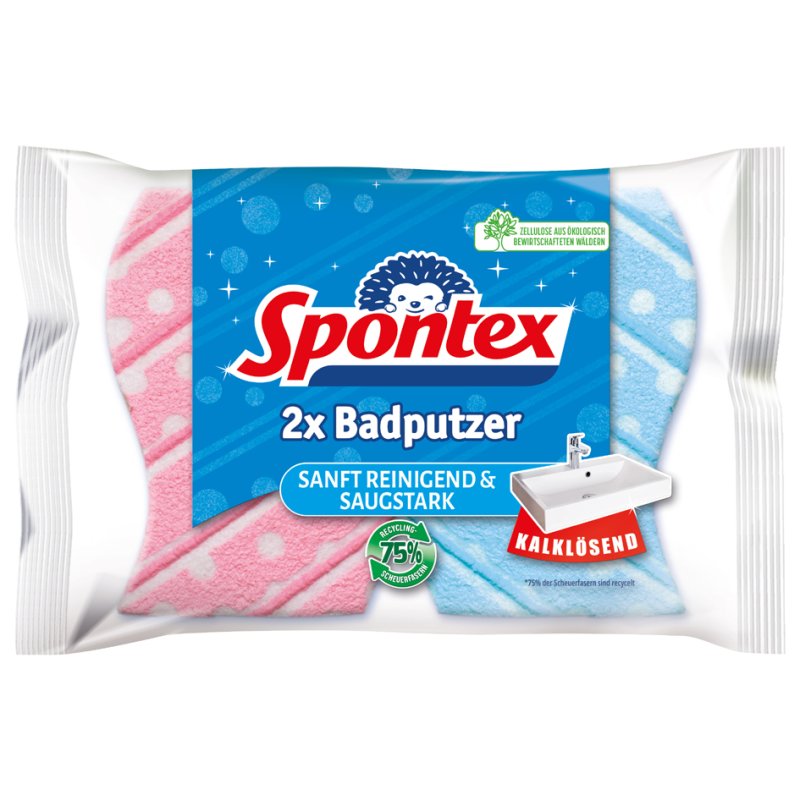 Spontex éponge à récurer salle de bain, bleu/rose, sans rayures, viscose, 2 pièces