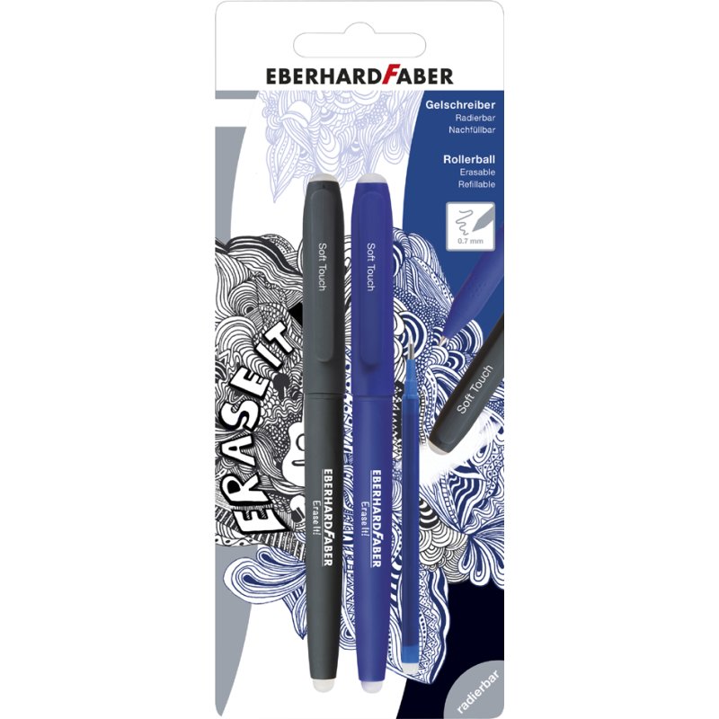 EBERHARD FABER erasable gel pen set Erase it!, 0.7 mm, blue/black, 2 pieces + refill