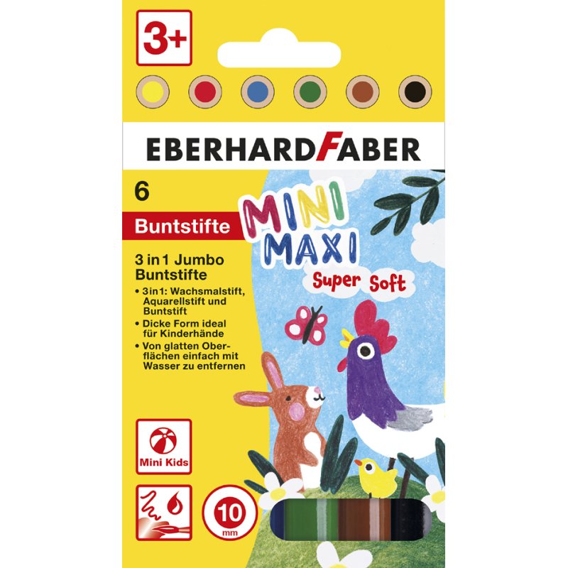EBERHARD FABER 3-en-1 Crayons de couleur jumbo MINI MAXI, 10 mm, 6 pièces