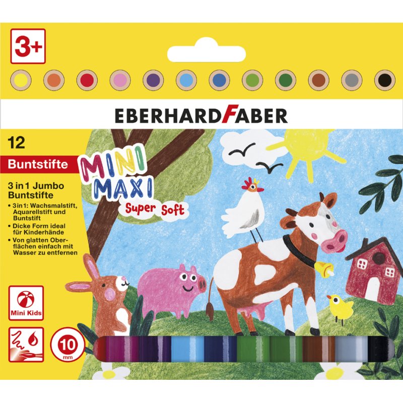 EBERHARD FABER 3-en-1 Crayons de couleur jumbo MINI MAXI, 10 mm, 6 pièces