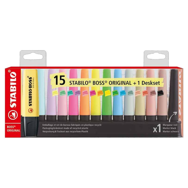 STABILO BOSS ORIGINAL surligneurs set, 15 pièces, présentoir de table, rechargeables