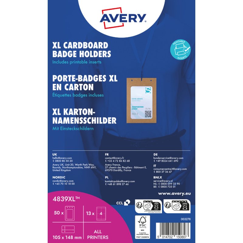 AVERY naamkaarthouders XL karton, A6 formaat, 105×148 mm, 50 stuks