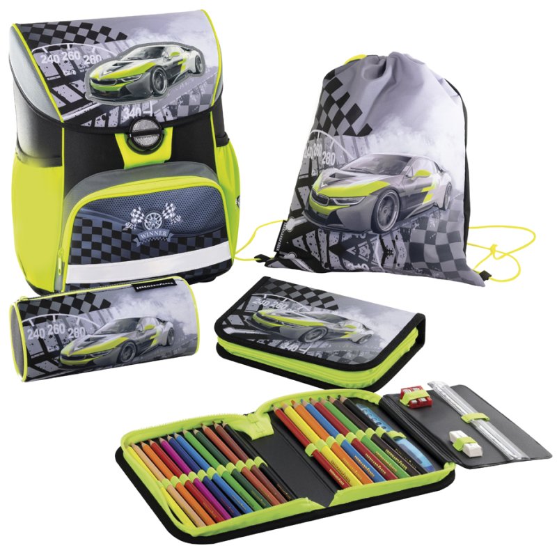 EBERHARD FABER schooltas set EFAlino Race Car, zwart/neongeel, raceauto motief