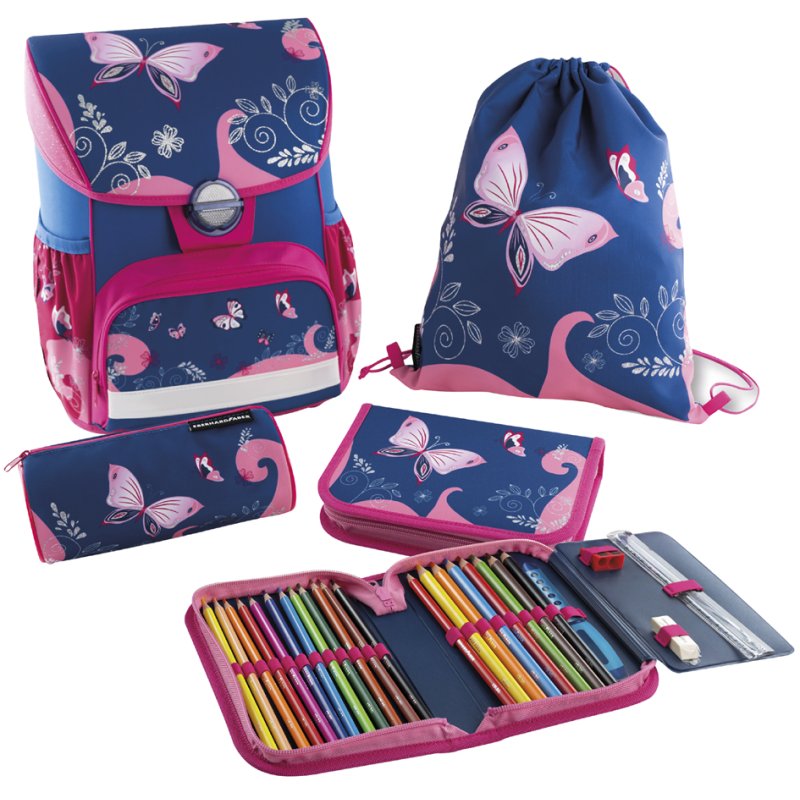 EBERHARD FABER ensemble cartable EFAlino papillon, 4 pièces, polyester, rose/bleu