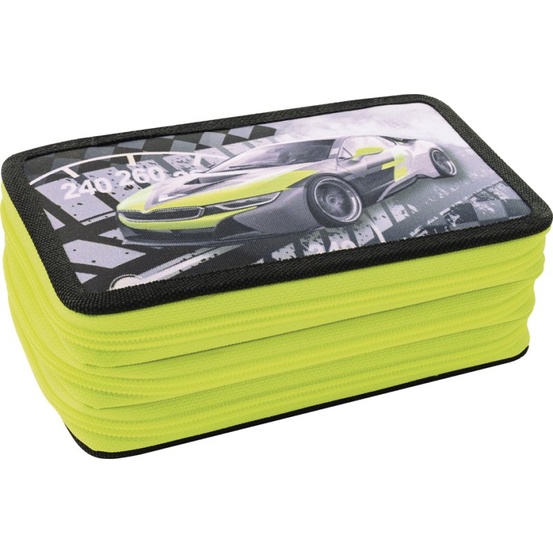 EBERHARD FABER étui Triple Decker Race Car, 36 pièces, noir/jaune fluo, 3 compartiments à fermeture éclair