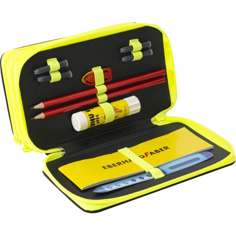 EBERHARD FABER étui Triple Decker Race Car, 36 pièces, noir/jaune fluo, 3 compartiments à fermeture éclair