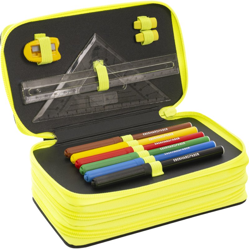 EBERHARD FABER étui Triple Decker Race Car, 36 pièces, noir/jaune fluo, 3 compartiments à fermeture éclair