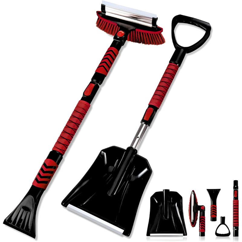 IWH telescopische ijskrabber met sneeuwschuiver, 5-in-1 systeem, zwart/rood, 86-107 cm
