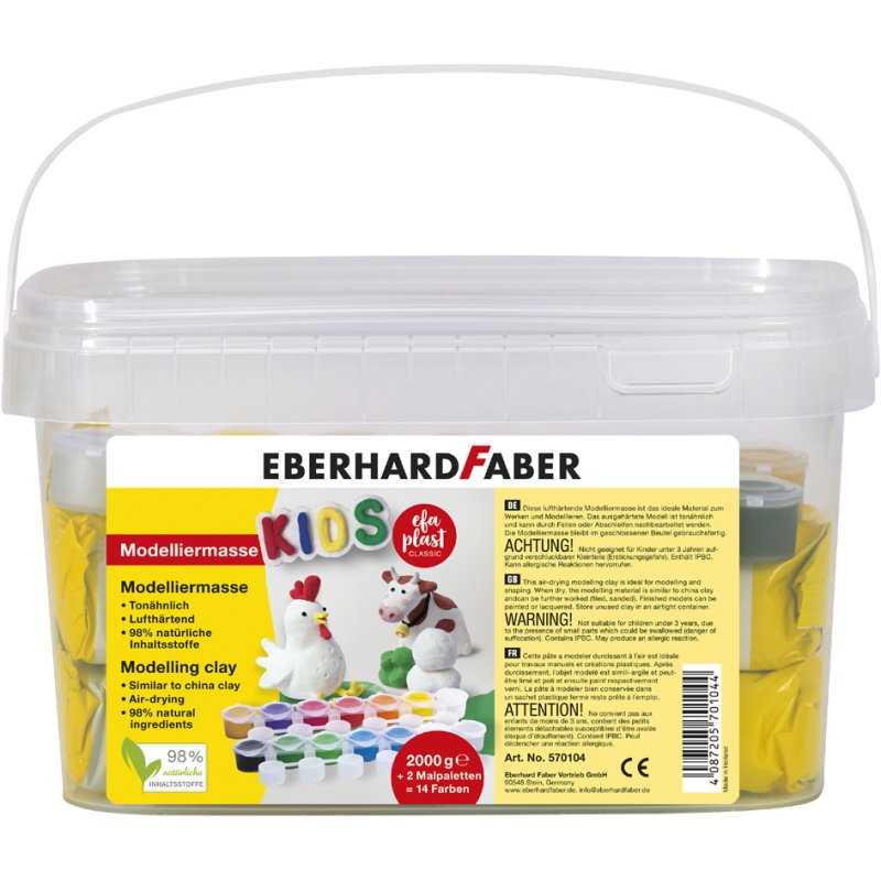 EBERHARD FABER boetseerklei set met schoolverf, 2 kg wit, 14 potjes verf