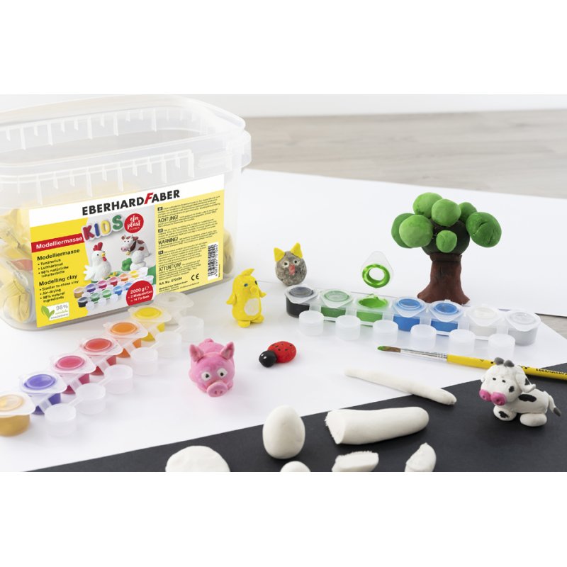 EBERHARD FABER boetseerklei set met schoolverf, 2 kg wit, 14 potjes verf
