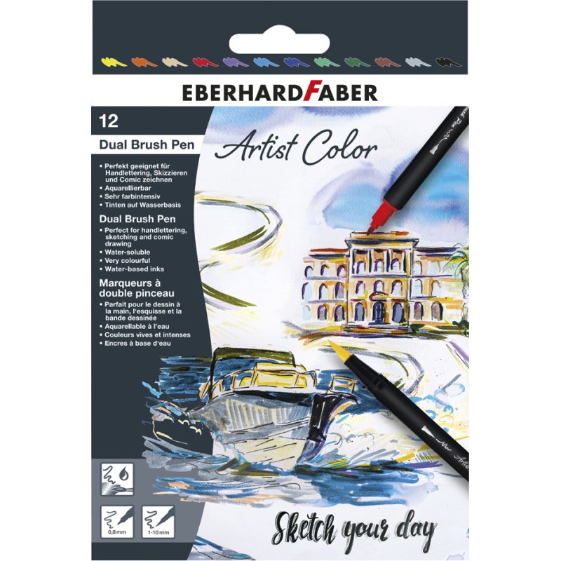 EBERHARD FABER ensemble de stylos à double pointe Artist Color dual brush pen, 12 pièces, 0,8 mm / 1,0-10 mm