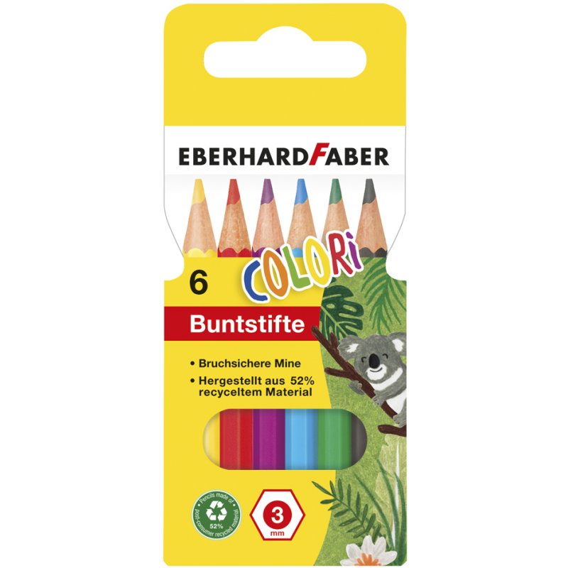 EBERHARD FABER kleurpotloden zeskant kort, 3 mm, gekleurd sortiment, 6 stuks