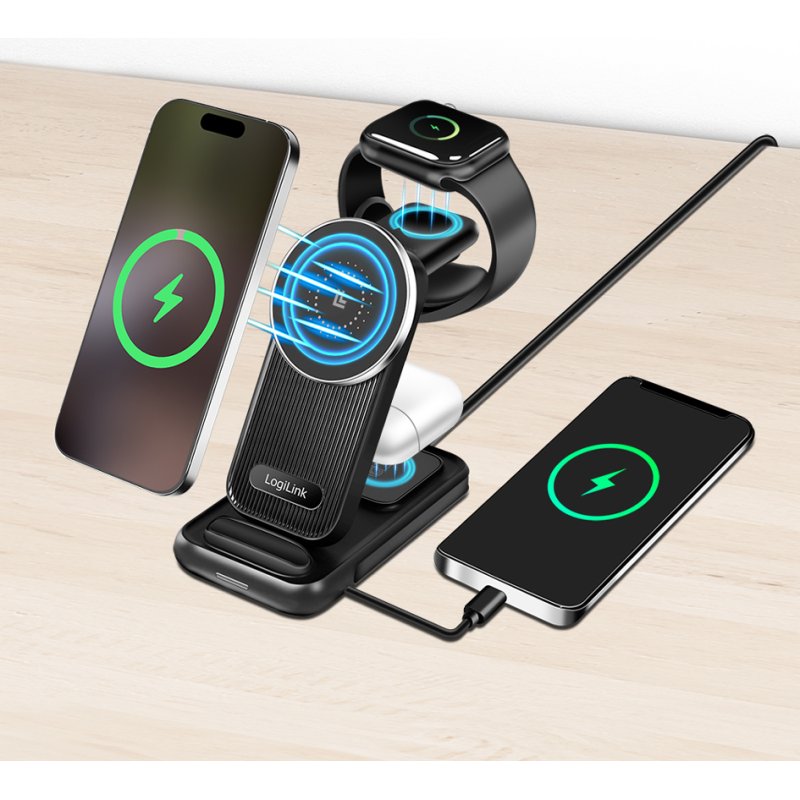 LogiLink 4-in-1 charging station, black, foldable
