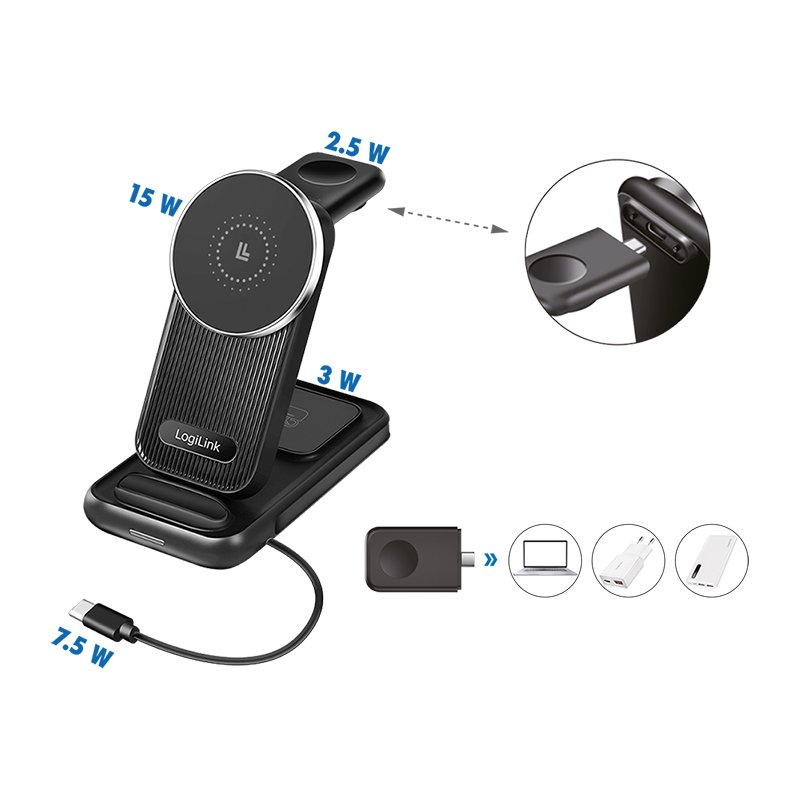 LogiLink 4-in-1 charging station, black, foldable