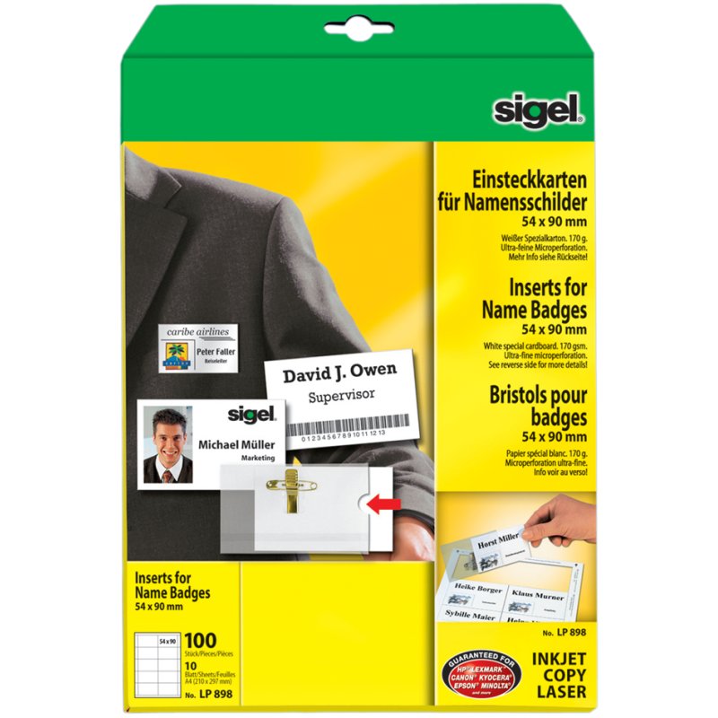 Sigel insteeketiketten voor naamplaatjes, 54×90 mm, wit, 100 stuks