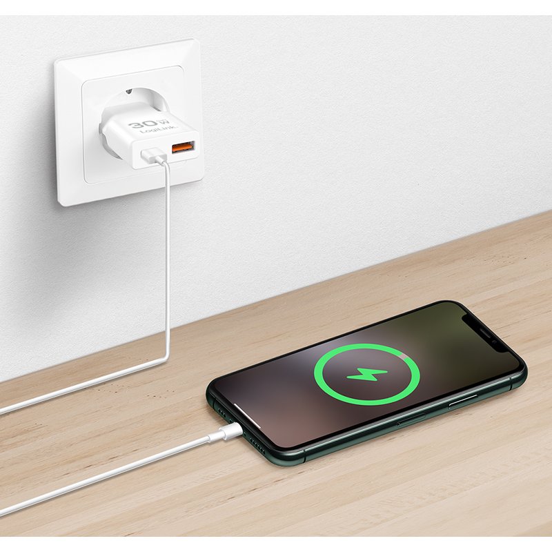 LogiLink USB-stekkeradapter, 1x USB-C, 1x USB-A, wit, 30 Watt
