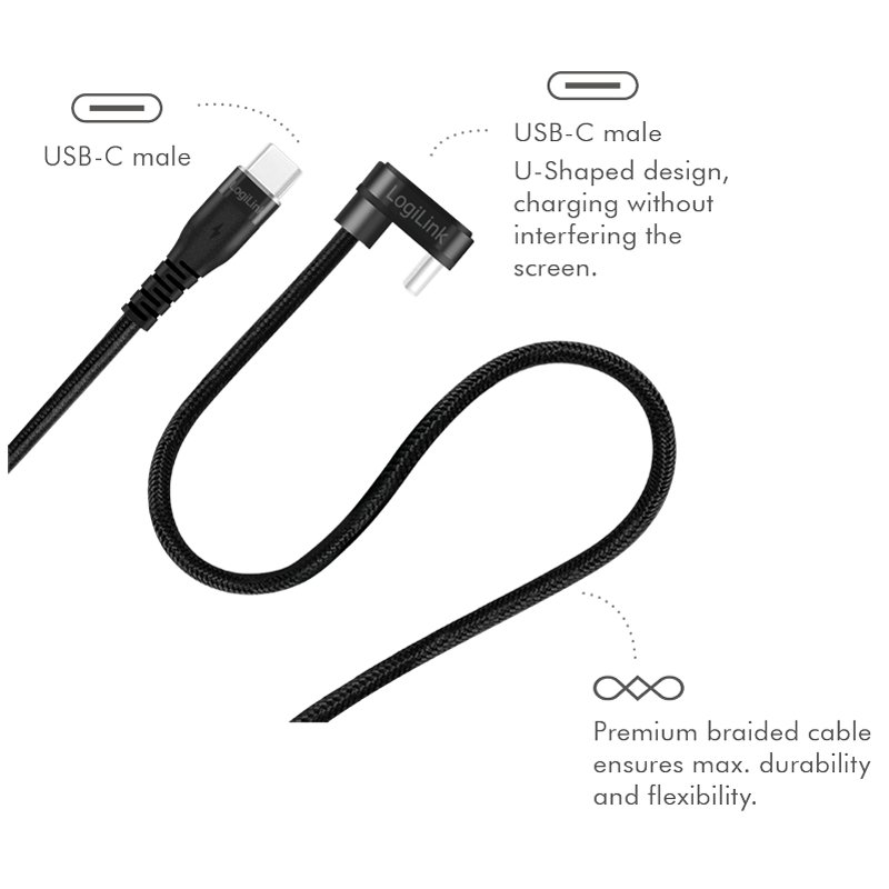 LogiLink Câble USB-C, 3 mètres, noir, connecteur 180° coudé