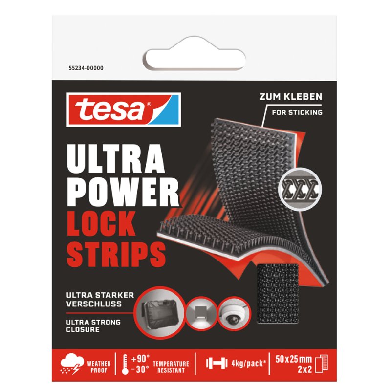 Bandes tesa Ultra Power Lock Strips, noir, adhésif auto-agrippant, 2×2 bandes