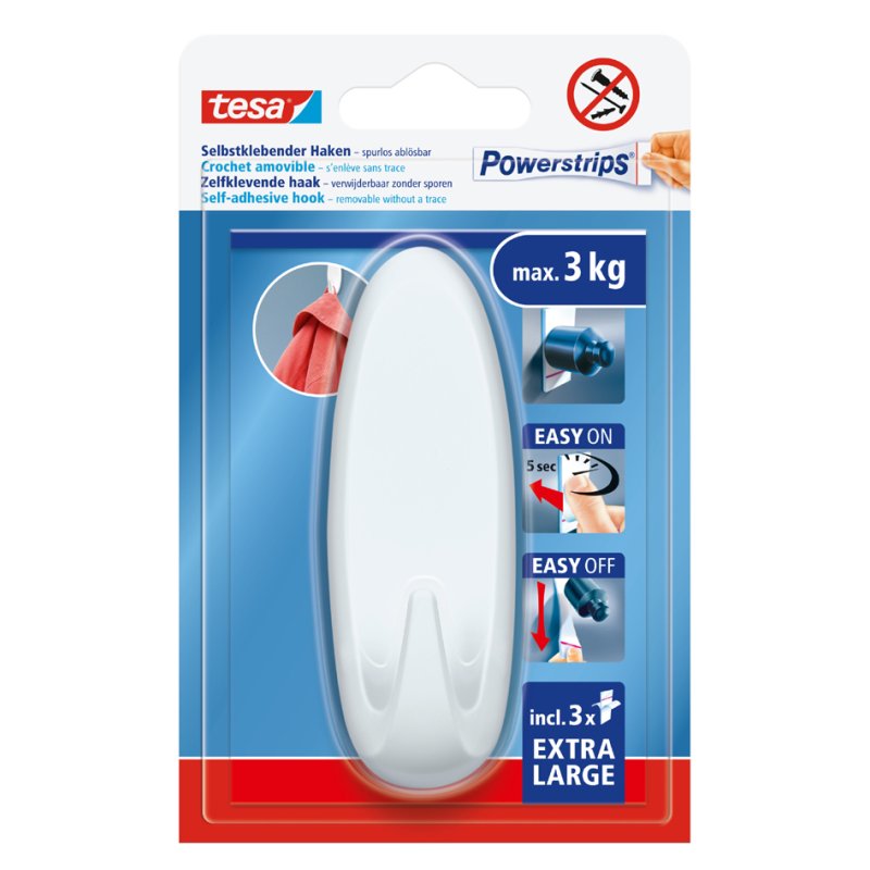tesa Powerstrips hook, white, reusable, max 3 kg