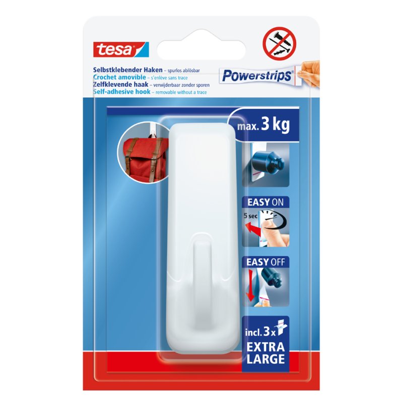 tesa Powerstrips hook, white, reusable, max. 3.0 kg