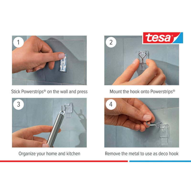 tesa Powerstrips hooks, transparent/silver, reusable, max 0.5 kg, set of 3 hooks + 4 strips