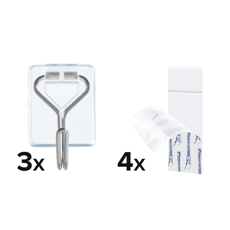 tesa Powerstrips hooks, transparent/silver, reusable, max 0.5 kg, set of 3 hooks + 4 strips