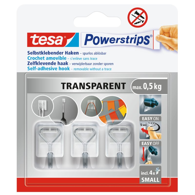 tesa Powerstrips hooks, transparent/silver, reusable, max 0.5 kg, set of 3 hooks + 4 strips