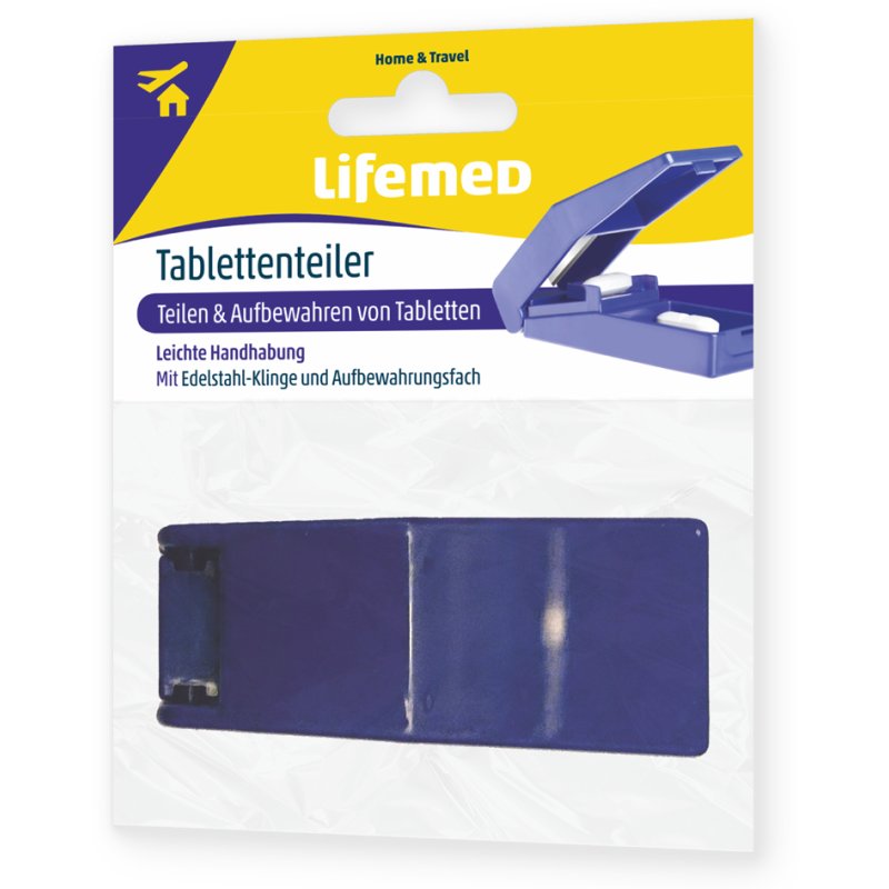 Lifemed pill splitter with storage compartment, blue, plastic with stainless steel blade
