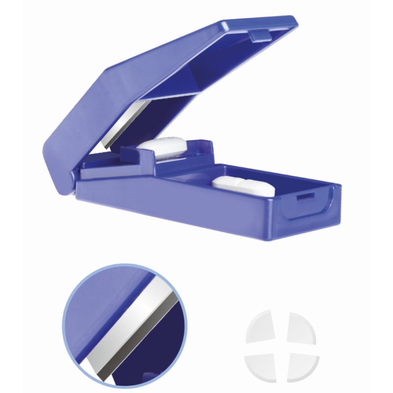 Lifemed pill splitter with storage compartment, blue, plastic with stainless steel blade