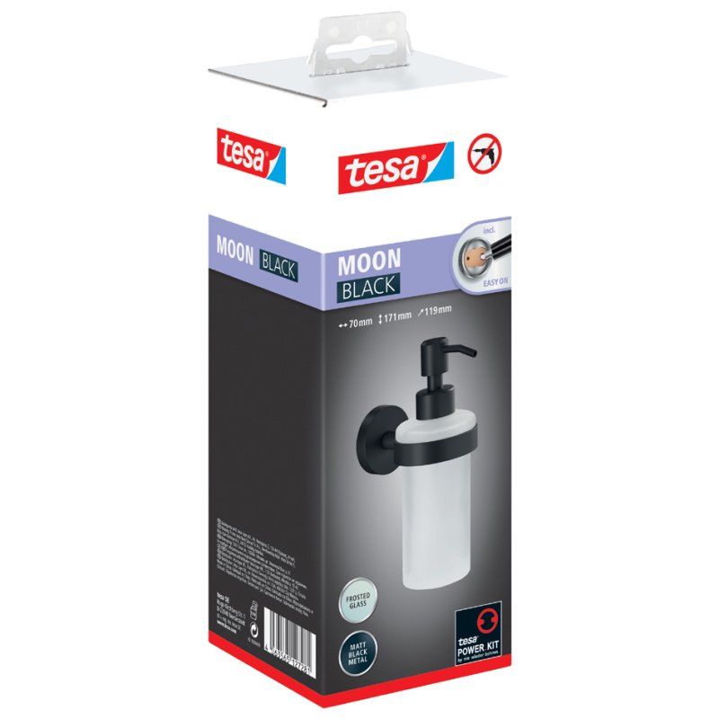 tesa distributeur de savon Moon Black, verre satiné noir, montage murale sans perçage