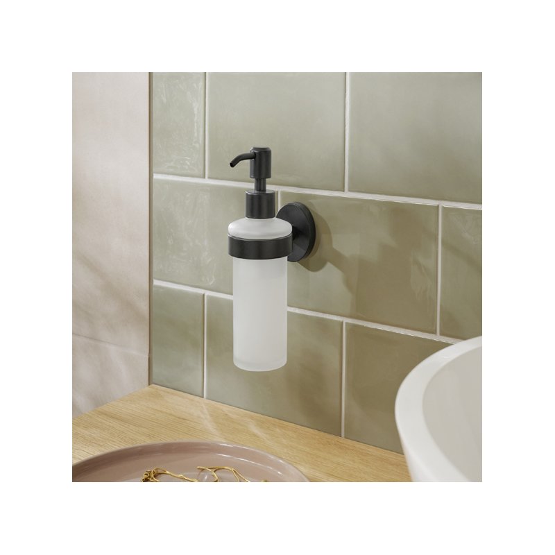 tesa distributeur de savon Moon Black, verre satiné noir, montage murale sans perçage