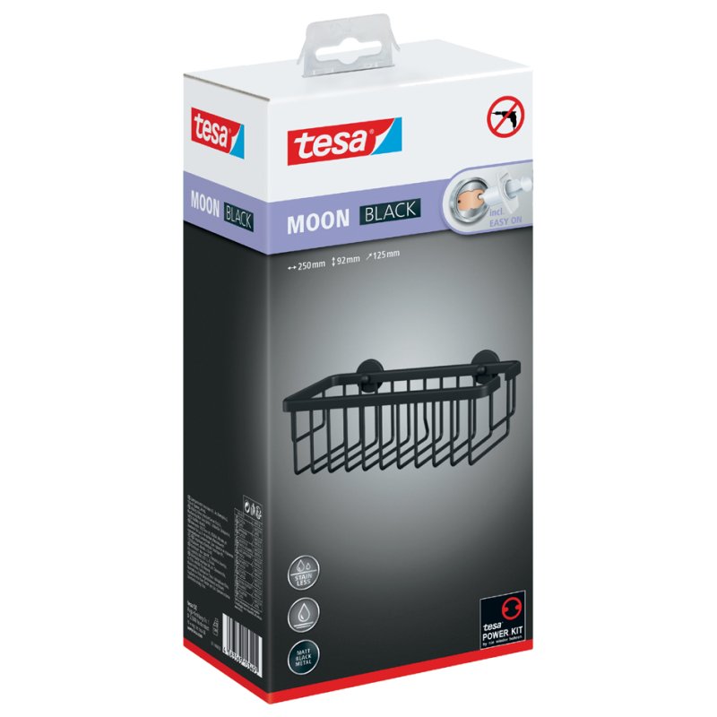 tesa panier de douche MOON BLACK, noir mat, 250×125×92 mm, réutilisable