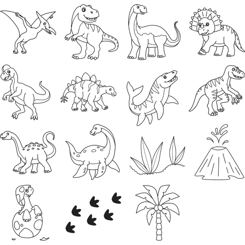 HEYDA stempelset Dinosaurus, 15 stempels, inclusief stempelkussen, transparante ronde doos