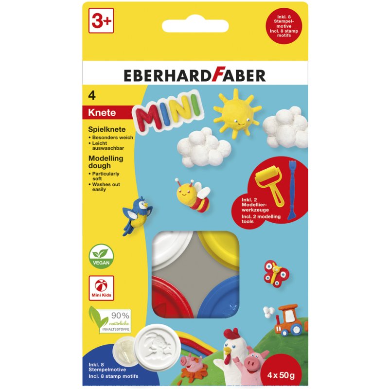 EBERHARD FABER Mini Kids pâte à modeler set, couleurs spéciales, 4 × 50 g, 2 outils