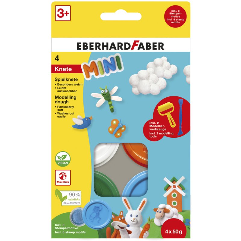 EBERHARD FABER Mini Kids pâte à modeler set, couleurs spéciales, 4 × 50 g, 2 outils