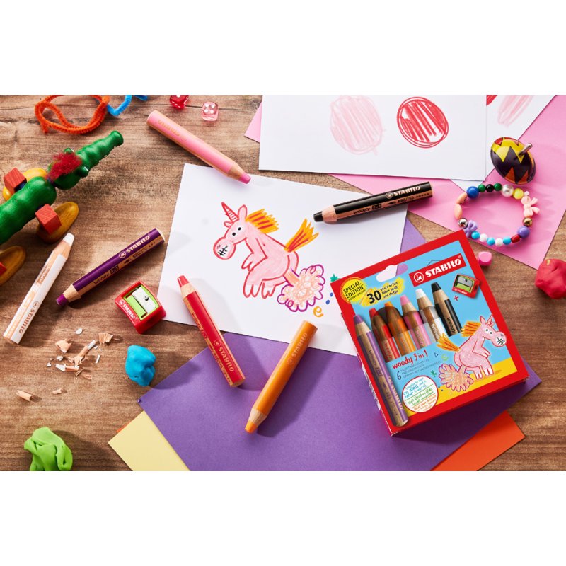 STABILO Crayon multifonction woody 3-en-1, étui licorne, 6 pièces avec taille-crayon