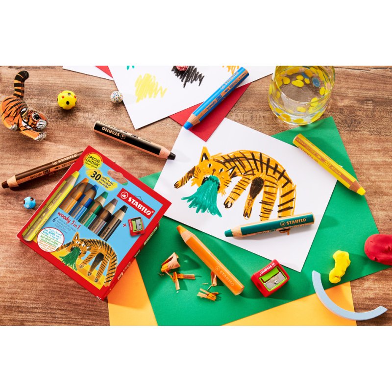 STABILO Crayon multifonction woody 3-en-1, étui licorne, 6 pièces avec taille-crayon