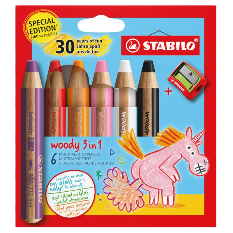 STABILO Crayon multifonction woody 3-en-1, étui licorne, 6 pièces avec taille-crayon