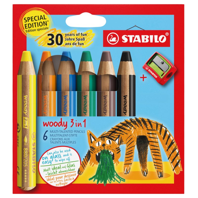 STABILO Crayon multifonction woody 3-en-1, étui licorne, 6 pièces avec taille-crayon