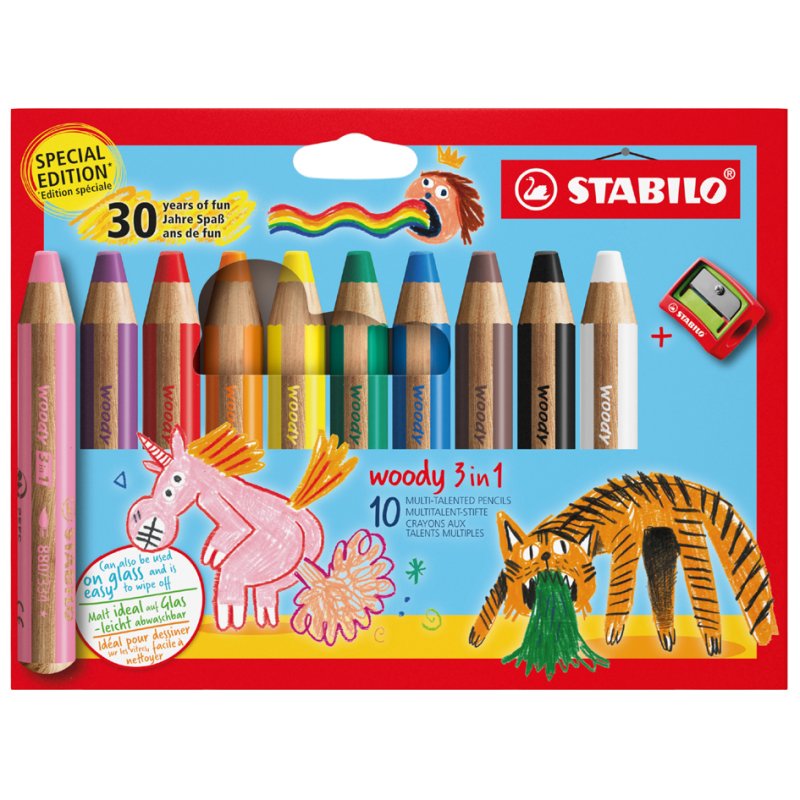 STABILO woody 3-in-1 crayons de couleur, 10 mm épais, 10 pièces avec taille-crayon