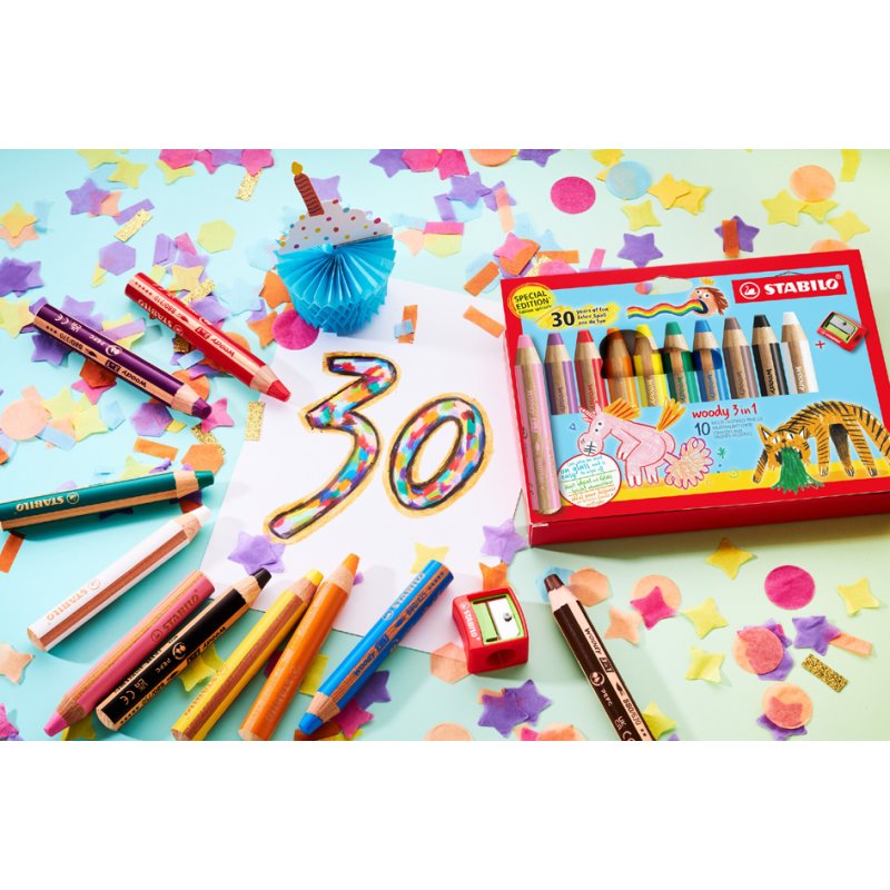 STABILO Woody 3-in-1 crayon multifonction, édition 30e anniversaire, présentoir 10 étuis