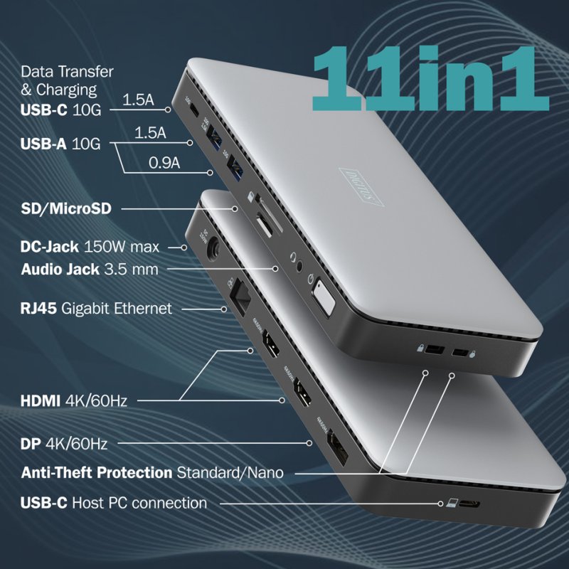 DIGITUS docking station USB-C, 11-poorts, grijs/zwart